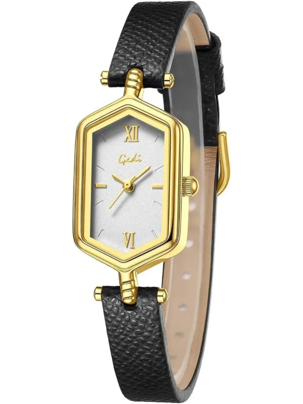 Women's Black Gold Vintage Slim Leather Strap Bracelet Hexagon Case Wrist Watch